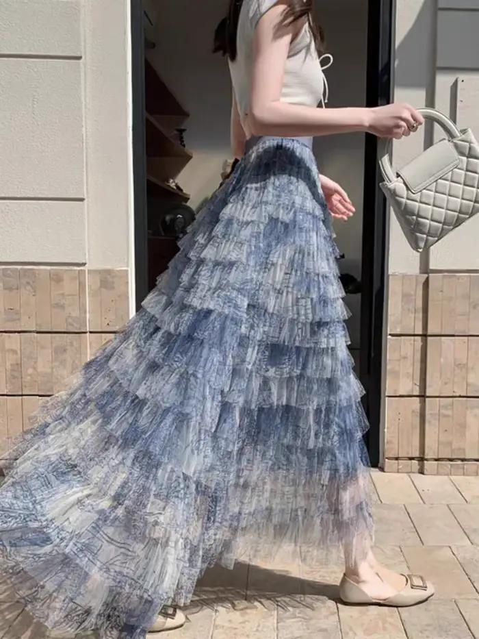 Jupes mi-longues en tulle à plusieurs niveaux – Jupe d'été trapèze à ourlet évasé en dentelle avec taille haute pour femme