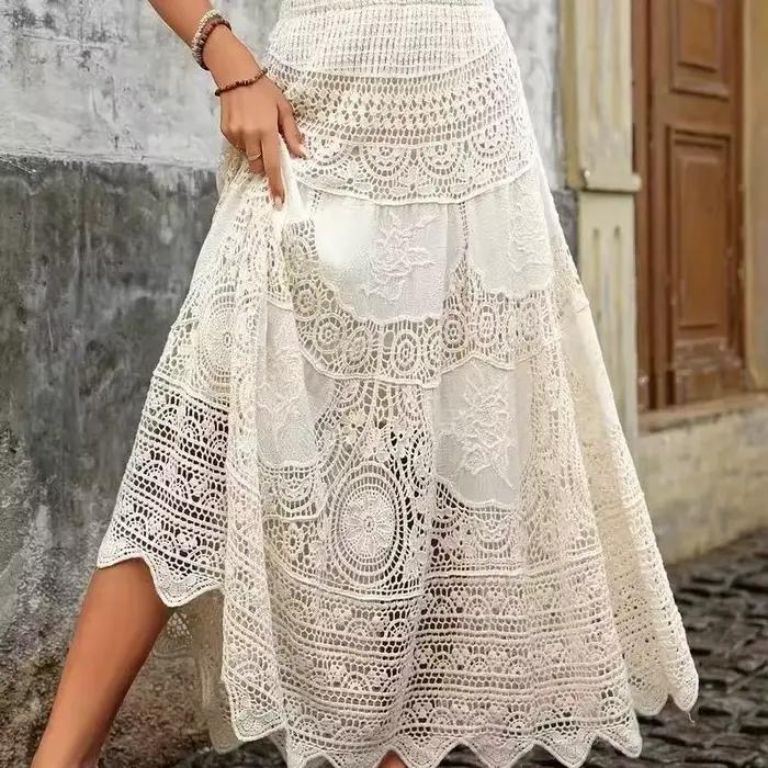 Jupe longue en dentelle crochetée, taille élastique, ajourée et brodée, style bohème, pour la plage, les festivals, tenue d'été bohème pour femme, idéale pour les vacances.