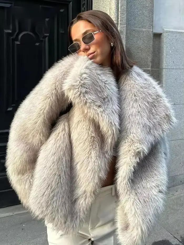 HH femmes mode fausse fourrure veste Vintage col rabattu à manches longues manteau automne hiver femme élégant Streetwear