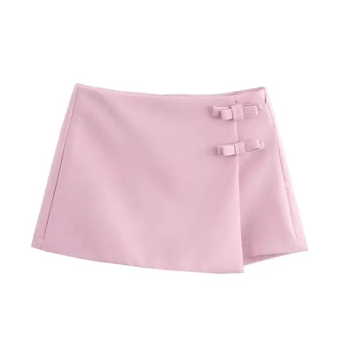 Mini Jupe Rose Blanche Avec Nœud Papillon Pour Femme Occasionnels Spéciaux Haute Taille Courte Fendue Polyestère