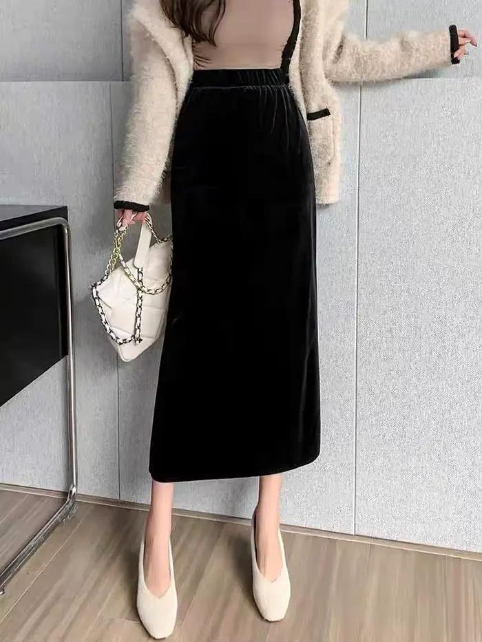 Jupe longue noire en velours pour femmes élégantes à taille haute pour bureau et occasions spéciales automne hiver