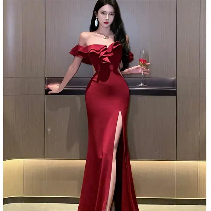 Robe de soirée rouge, sexy, dos nu, taille haute, fendue, à volants, élégante, pour femmes, 2025