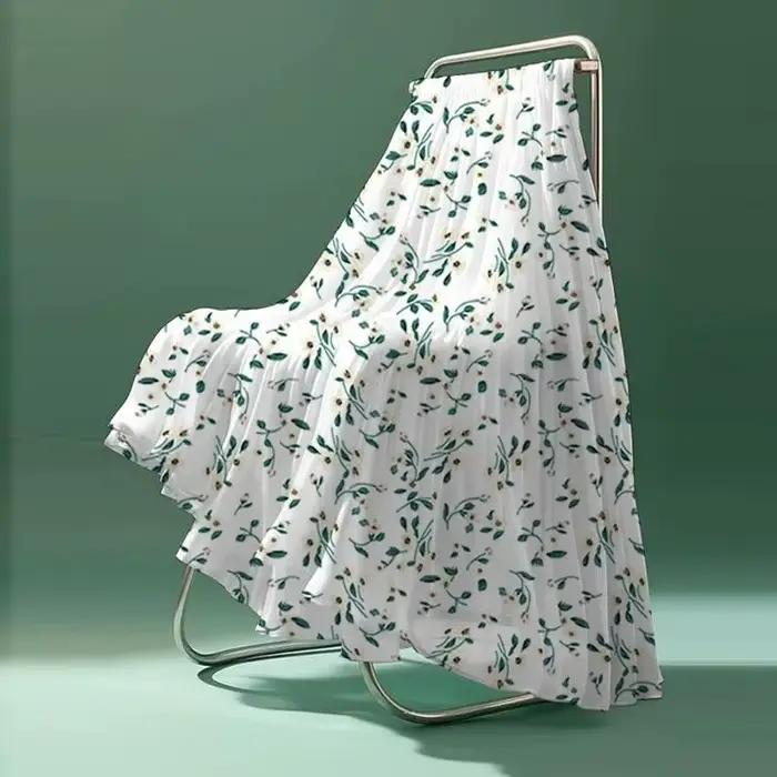 Jupe longue plissée en mousseline blanche à fleurs pour femme - Taille haute