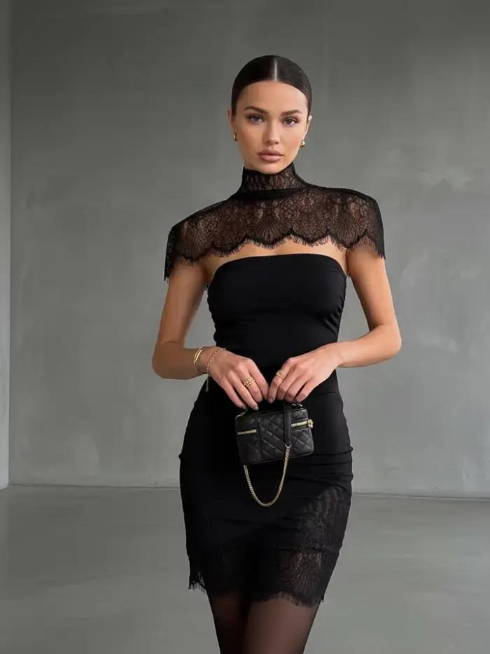 Chic Cape châle bretelles longue robe femmes solide Patchwork dentelle plissée mince Maxi robes 2026 dame soirée