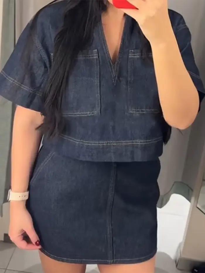 Ensemble chemise et jupe en jean pour femmes, 2 pièces, avec chemises à manches courtes, Mini jupes asymétriques pliables, tenues Streetwear d'été pour dames, 2025