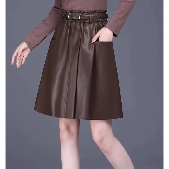 Jupe trapèze taille haute en cuir PU pour femme