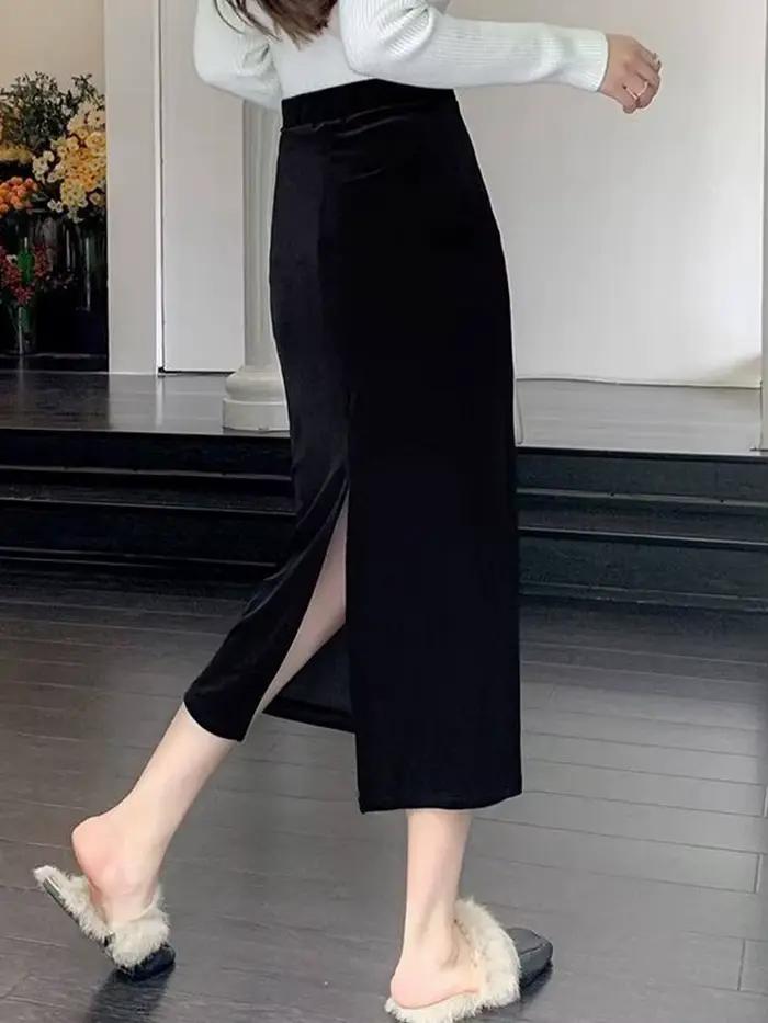 Jupe longue noire en velours pour femmes élégantes à taille haute pour bureau et occasions spéciales automne hiver
