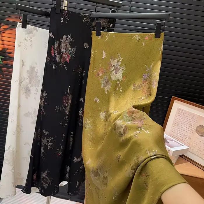 2025 nouveauté femmes élégant Vintage jupe taille haute fleur Sexy Satin Maxi jupes Faldas Femme Streetwear