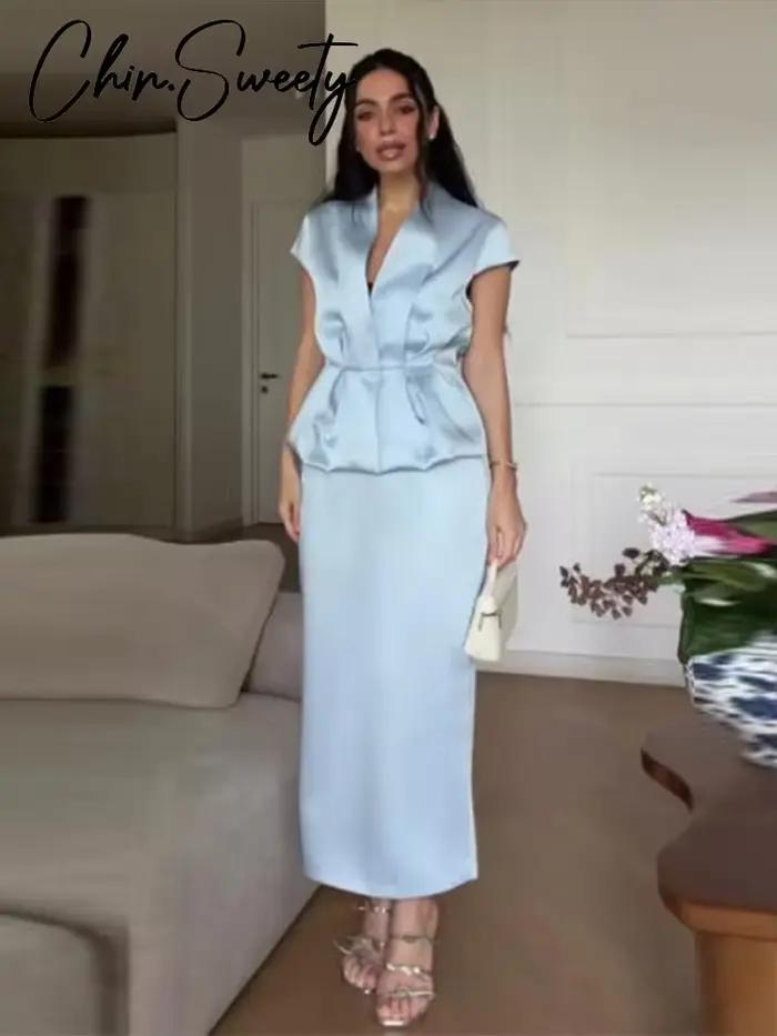 Nouvel ensemble jupe et blazer urbain pour femme : haut plissé sans manches à col en V