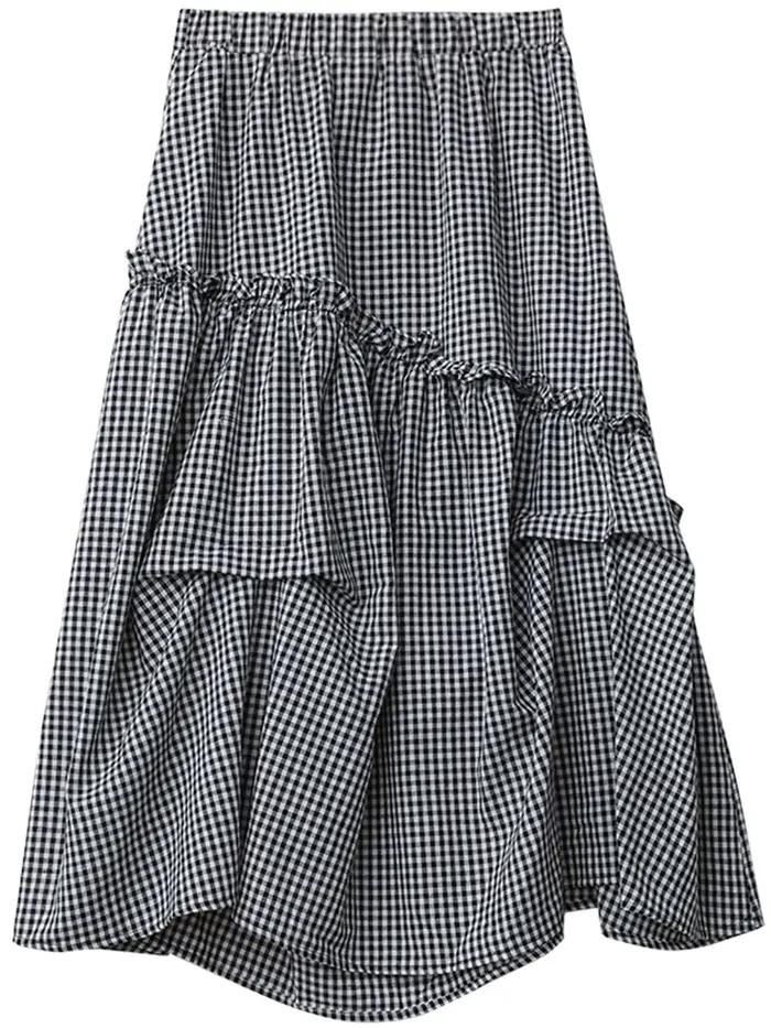 Jupe Femme Chic VEN Taille Haute Coupe Trapèze à Volants Motif Carreaux Noir et Blanc Printemps-Été 2026