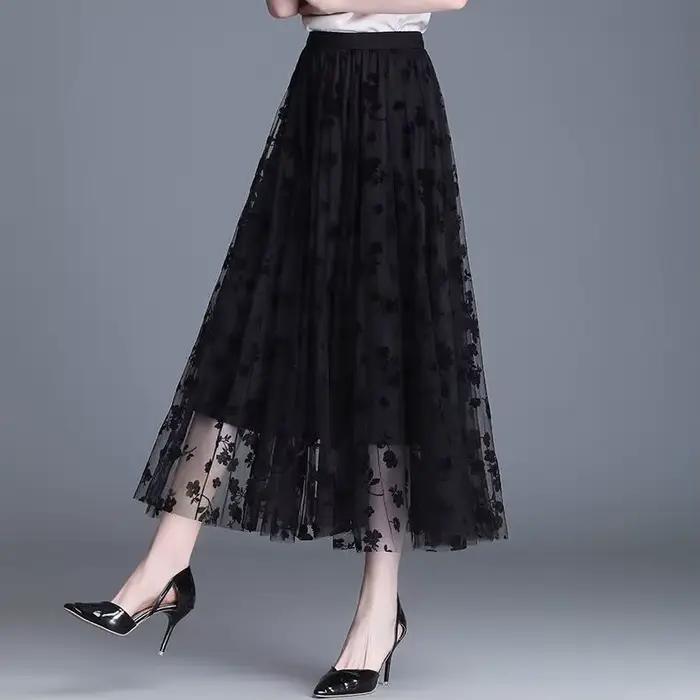 Femmes maille jupe mode crochet fleur ample Midi