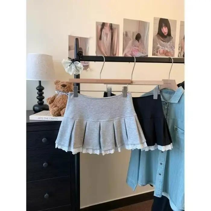 Jupe plissée rétro pour femme avec empiècements en dentelle