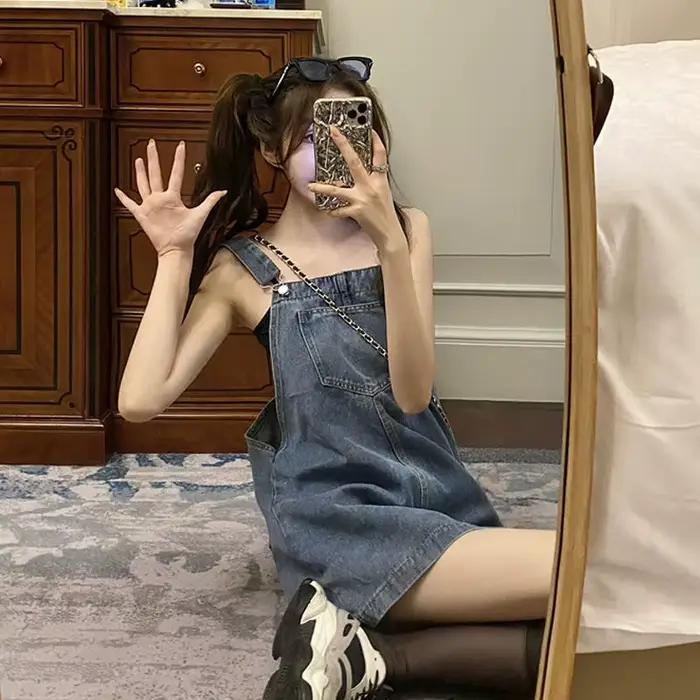 Jupe en jean à bretelles pour femme, tenue d'été ample, taille haute