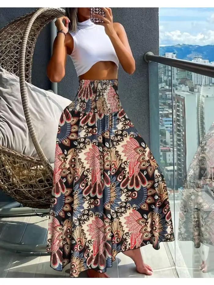 Grande taille femmes mode imprimé fleuri plis bohème élastique