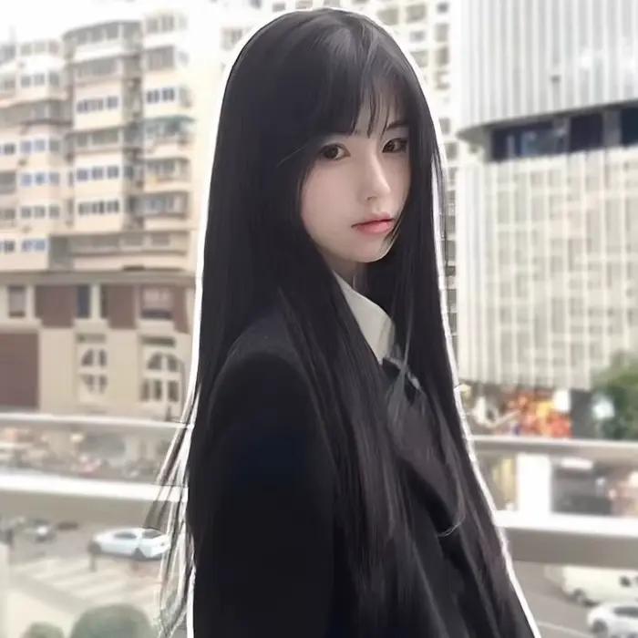 Perruque synthétique longue et lisse noire de 24 pouces avec frange pour femmes, couvre-tête complet, perruque de fête Cosplay naturelle Lolita pour cheveux longs