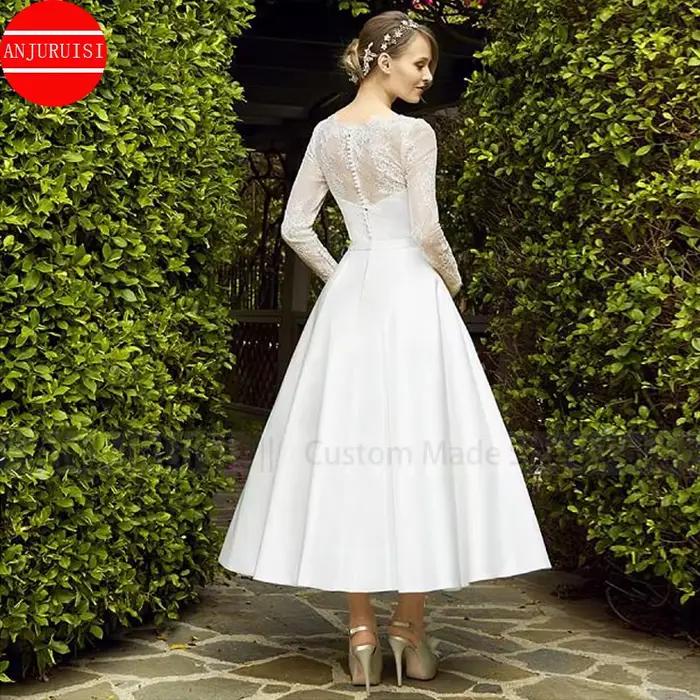 Robes de mariée courtes en satin pour femmes 2026, avec dentelle et manches longues, style simple