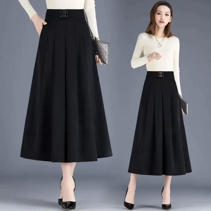 New Skirt Mid-length A-line Pleated Fashionable and Elegant Solid Color Versatile Casual High-waisted Large Hem