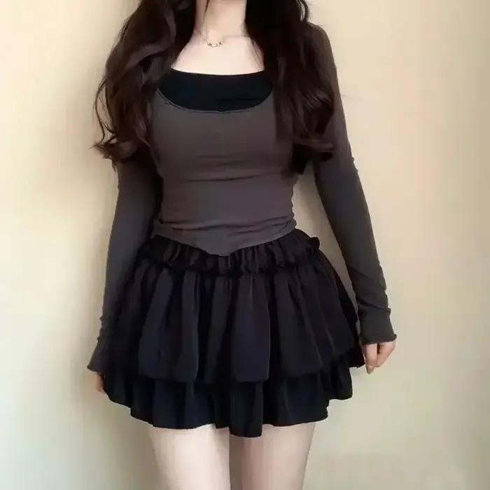 Été Kawaii blanc volants jupe femmes mode coupe ajustée en mousseline de soie Mini jupes Giris Y2k tout Match élastique taille haute noir Faldas