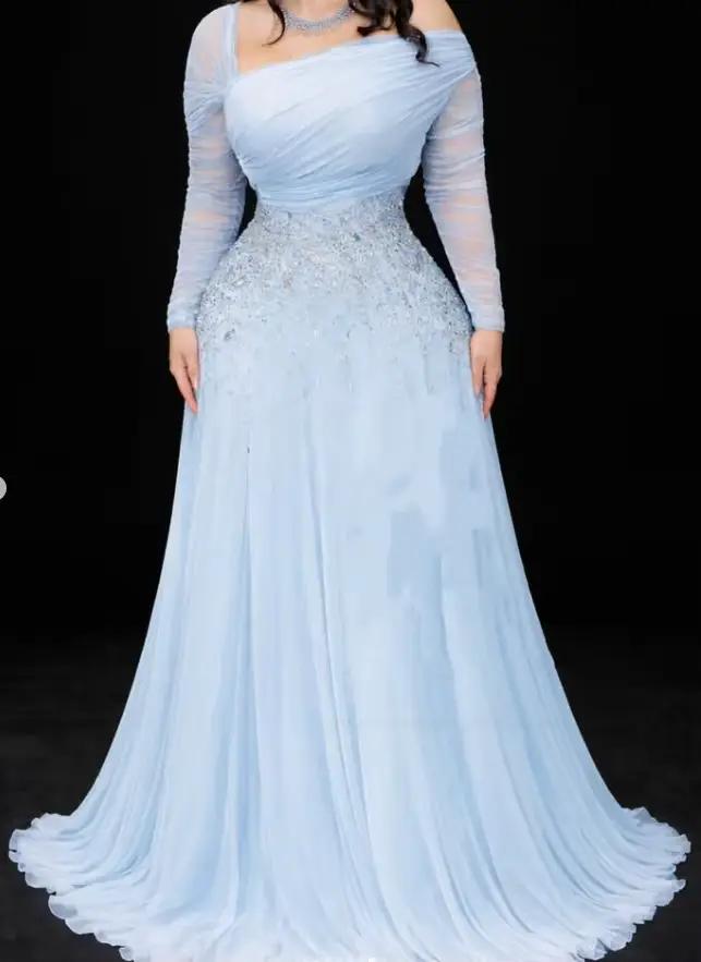 Robes de bal personnalisées bleu marine, col en U, bleu marine kaki, manches longues, pour anniversaire, Dubaï, Arabie Saoudite, soirée, longueur ras du sol, robe de soirée formelle