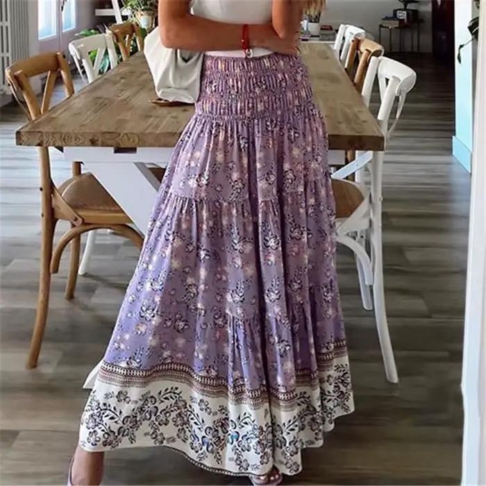 Mode femmes jupes nouveau décontracté tout-match jupe ample taille élastique imprimé fleuri Style etenique Boho
