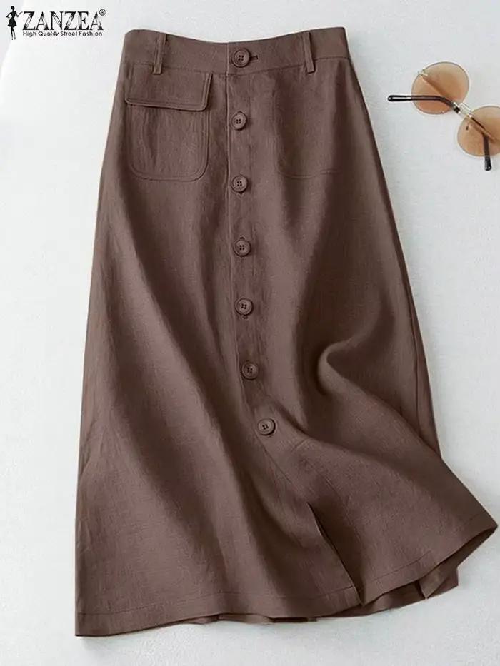 ZANZEA élégant coton Midi jupes décontracté boutonné a-ligne Jupe femmes taille haute