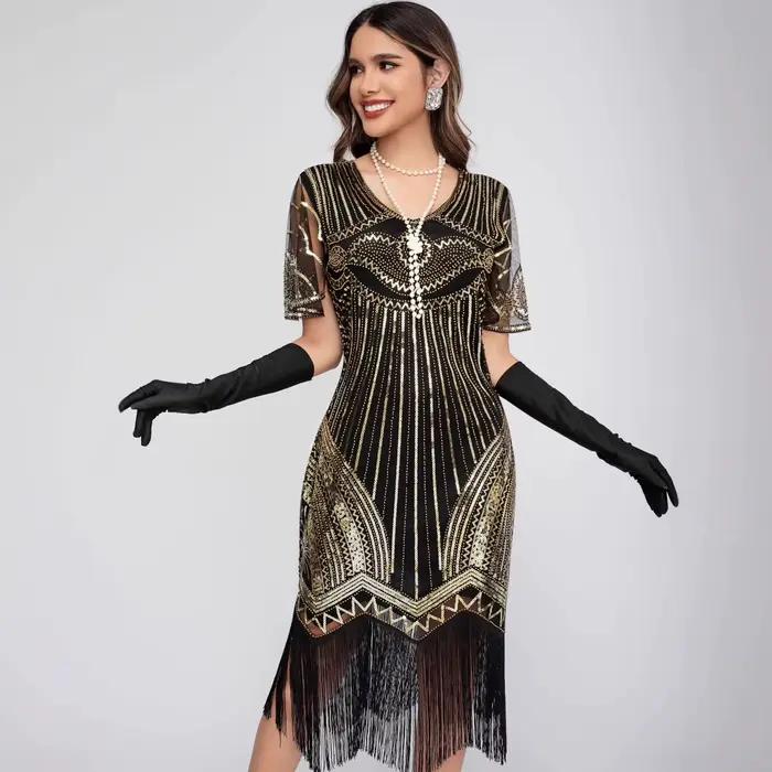Robe Flapper Gatsby Vintage Années 20 Noire et Or à Paillettes Paon et Franges