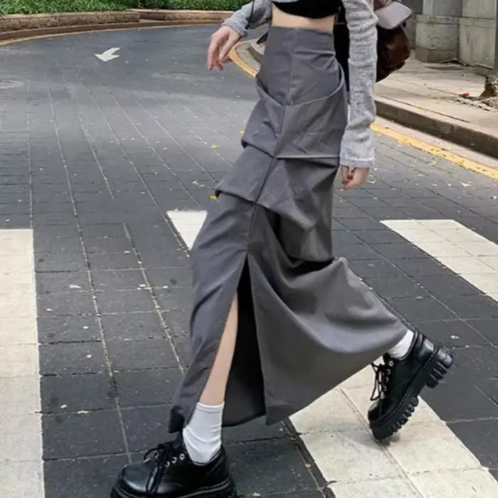 Streetwear fendu Cargo jupes longues femmes Vintage gothique taille haute jupe plissée femme 2025 été fermeture éclair