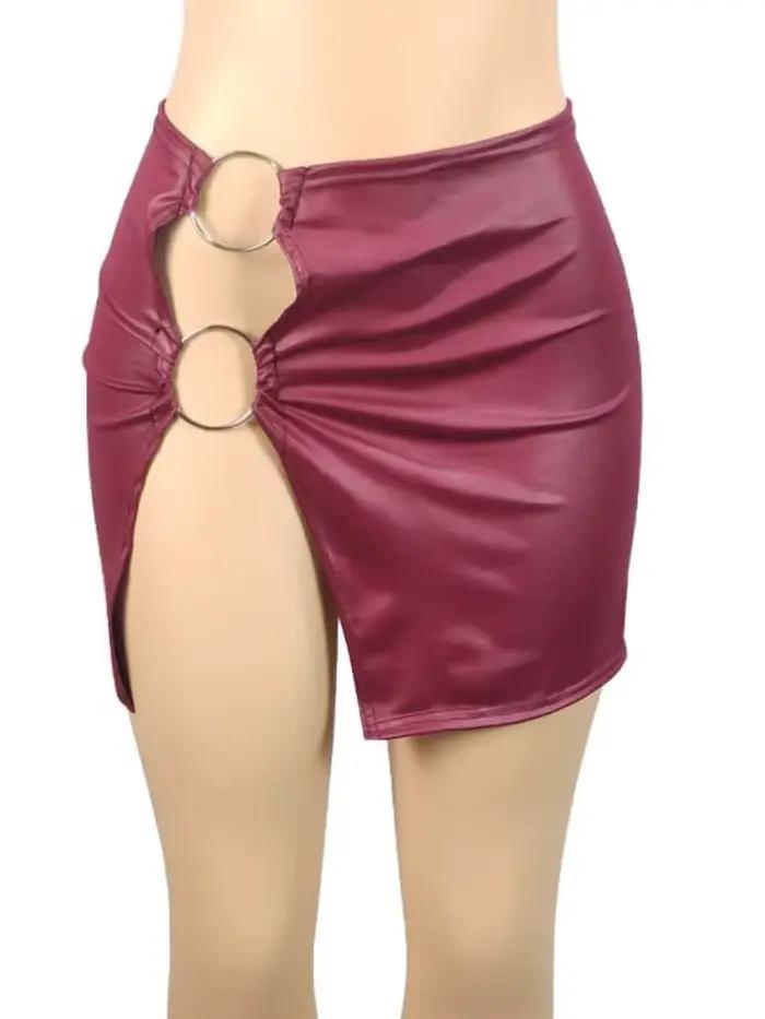 Mini jupe en simili cuir PU pour femmes, anneau métallique, fente latérale, taille haute, Slim, Vintage, moulante, fête en Club