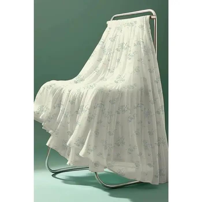 Jupe longue plissée en mousseline blanche à fleurs pour femme - Taille haute