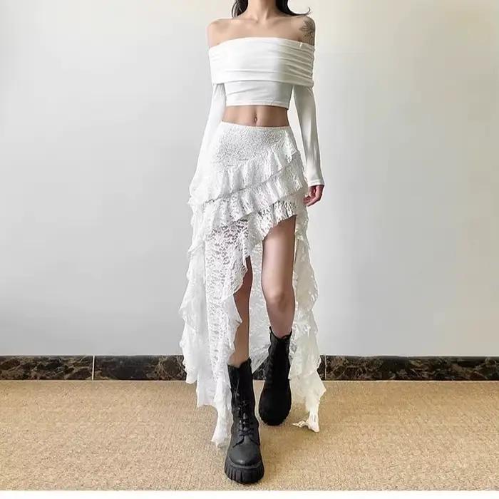 Jupe longue taille haute en dentelle douce blanche cousue à ourlet à volants pour femme