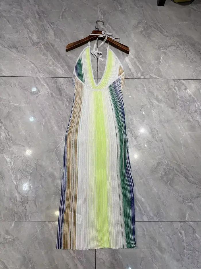 Robe longue tricotée moulante sans manches à col halter et décolleté en V, à rayures et sequins, dos nu, pour femme, rouge ou verte