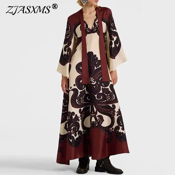Robe longue à lacets pour femmes, motif ethnique musulman imprimé, Vintage, Sexy, col en V, manches 3/4, ample, robe de soirée Maxi, printemps automne