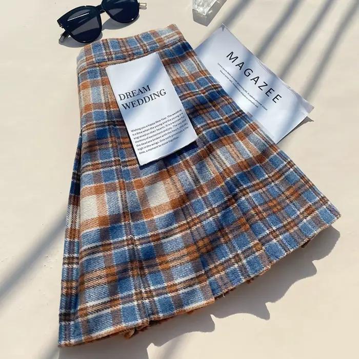 Jupe plissée en mélange de laine à carreaux pour femmes automne hiver taille haute