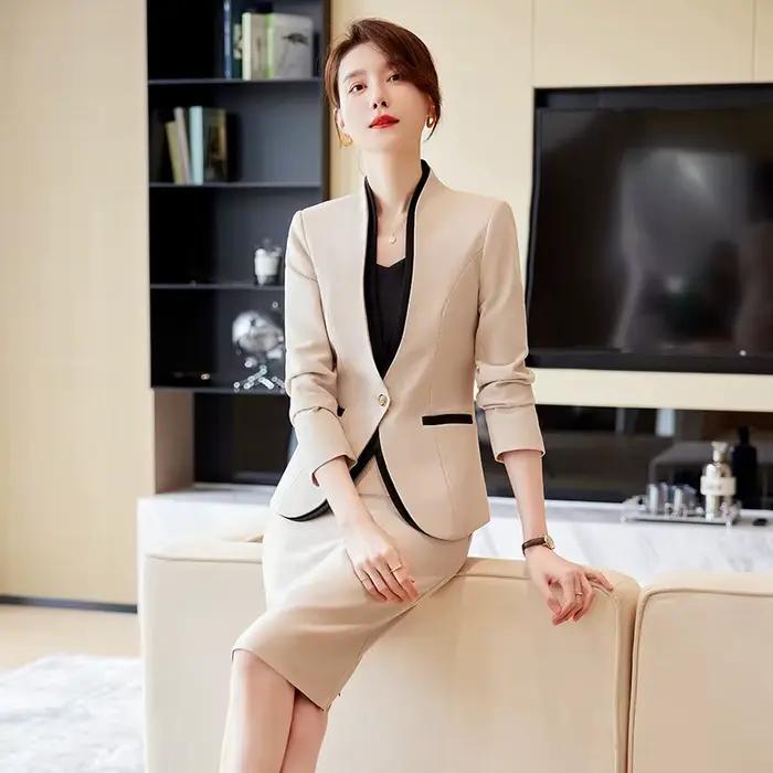 Costumes jupe abricot pour femmes, blazer formel d'affaires, ensembles jupe, vêtements de travail pour dames de bureau, noir, nouvelle mode de printemps, tempérament