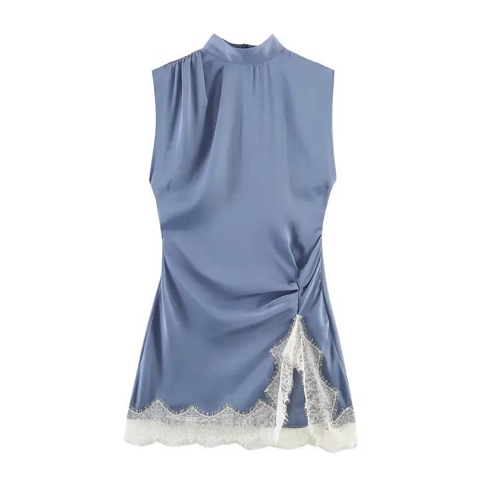 Robes pour femmes, robe bleue élégante pour femmes, col haut, sans manches, avec ourlet en dentelle à volants, robe mini slim fit automne hiver, marque
