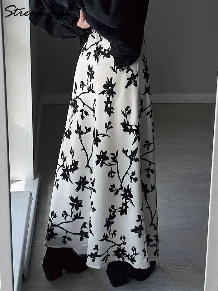Vintage imprimé jupes femmes longue une ligne Satin