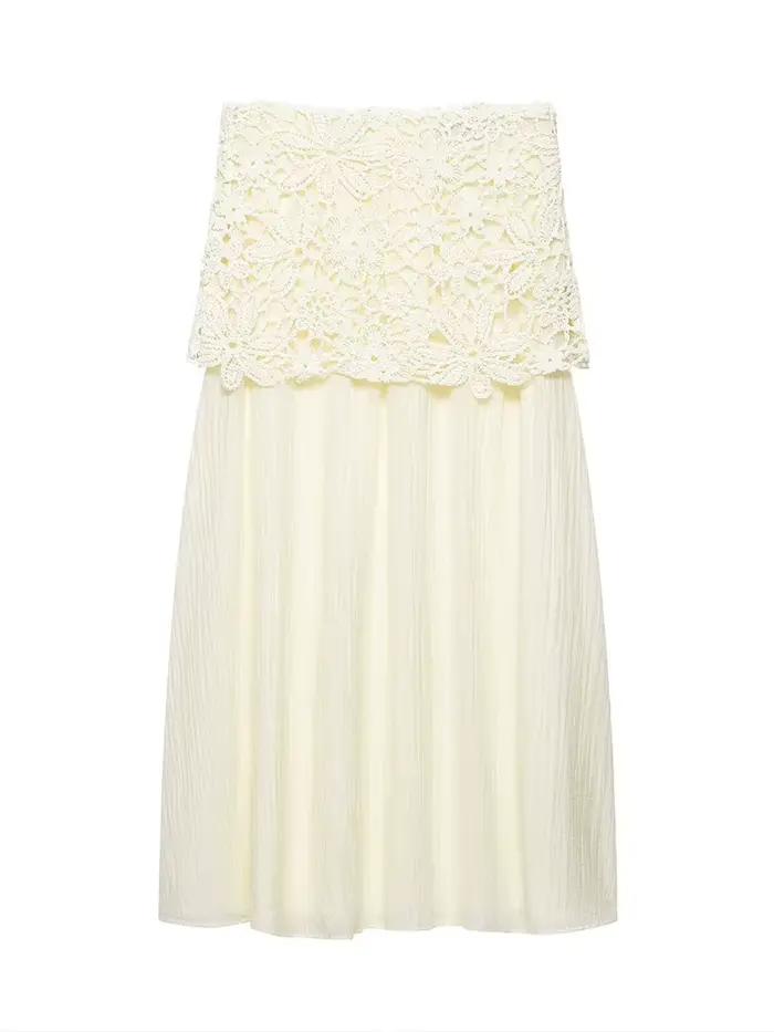 Jupe mi-longue décontractée en mousseline froissée respirante à taille haute en dentelle crochetée pour femme – Collection Printemps-Été