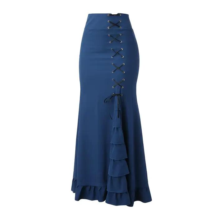 Vintage gothique longues jupes de fête femmes à lacets bord à volants Punk queue de poisson jupe nouvelle taille haute