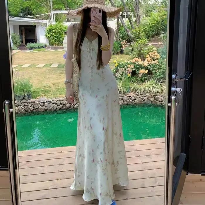 Robe longue d'été pour femme, col en V, nœud, imprimé floral, style coréen, robe élégante et douce