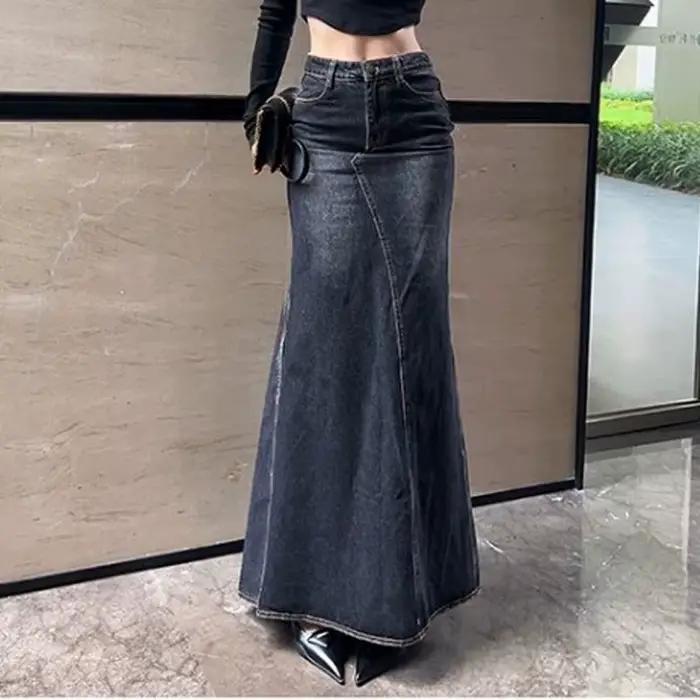 Maxi jupe femmes décontracté sirène Streatwear taille haute fermeture éclair Denim jupes Y2k Streetwear ample longue maman jean cheville longueur été