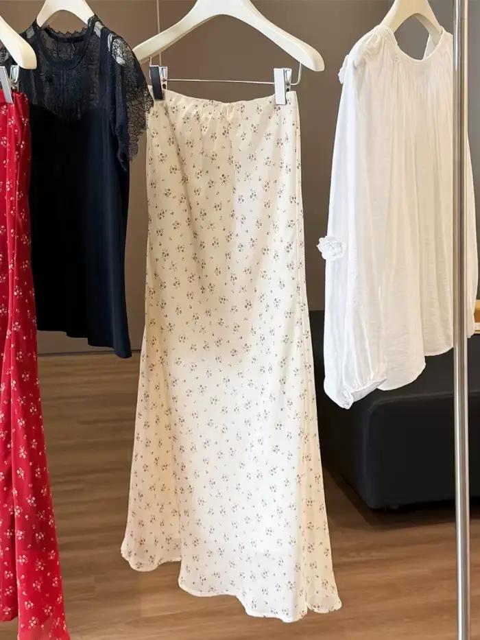 Jupe midi florale d'été pour femme en mousseline rouge respirante