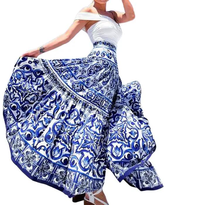 Femmes jupe jupes longues une ligne imprimé fleuri taille haute Y2k Streetwear Maxi décontracté ample plissé élégant