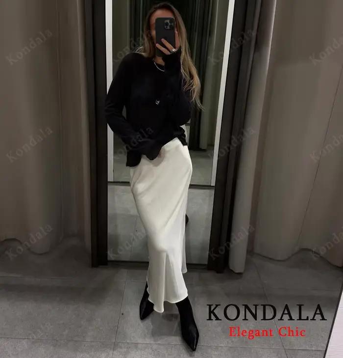 KONDALA élégant Satin mince Midi solide jupe femmes élastique taille haute a-ligne décontracté femme