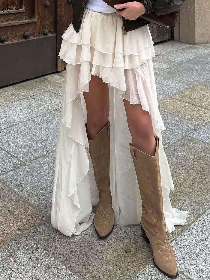 Oymimi décontracté abricot jupes amples pour les femmes mode taille haute jupes plissées élégant mince parole longueur jupe femme vêtements