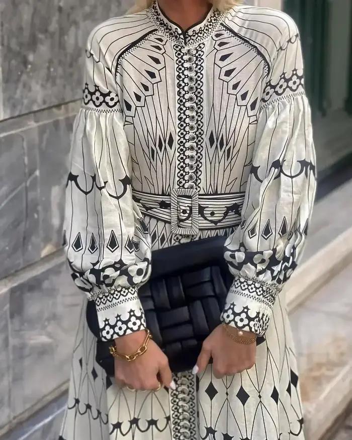 Robe longue élégante rétro à col montant pour femme
