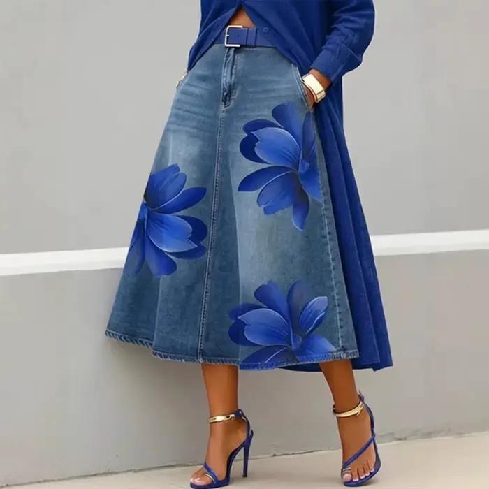 Jupes en jean pour femmes, mi-longues, coupe trapèze, imprimé floral, poches, élégantes, style Y2K, streetwear, décontractées, pour le travail, la plage, délavées, été