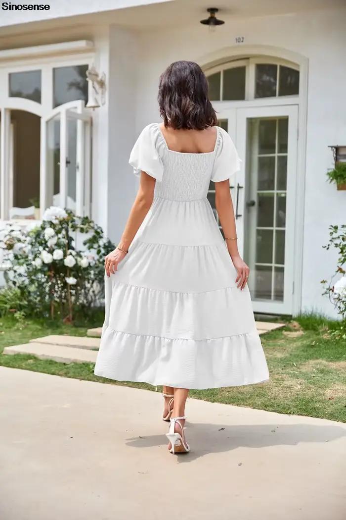 Robe Maxi Smockée à Plusieurs Niveaux pour Femme, Manches Courtes Bouffantes, Col Carré, Style Boho, Plage, Fluide, Ligne A, Longue, Invité de Mariage, Robe de Soirée, Été