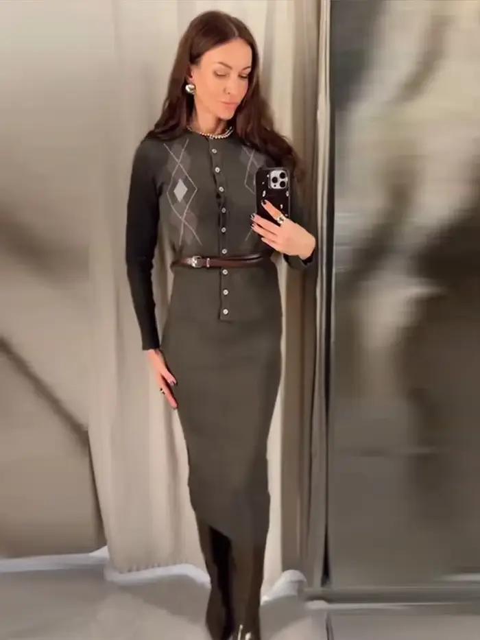 Ensemble jupe Cardigan tricoté à carreaux pour femmes