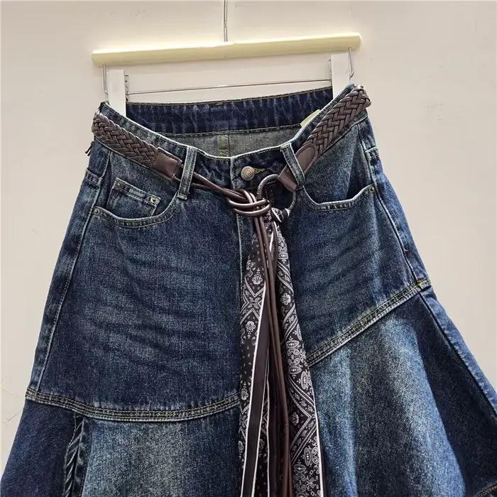 Jupe en jean asymétrique patchwork avec dentelle vintage pour femmes tailles hautes sorties nocturnes mode printemps été 2026