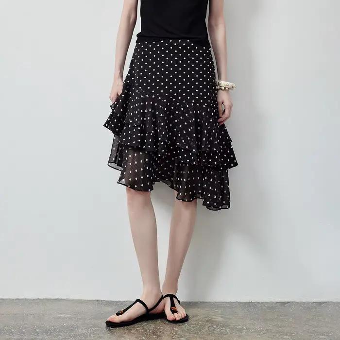 Jupe courte fluide asymétrique à volants superposés en mousseline à pois pour femme TOYOUTH